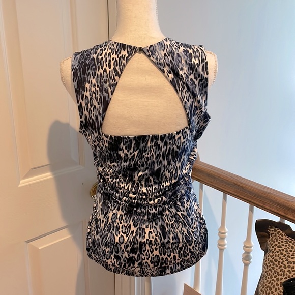 Caché Vintage Blue & White Animal Print Top w/ Cut-Out in Back - Picture 5 of 8